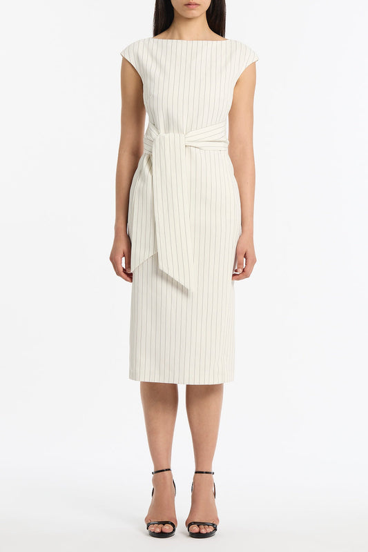 Image of Dresses. Product name - Ivory Pinstripe Linen Tie Waist Midi Dress in Ivory colour by brand - Carla Zampatti