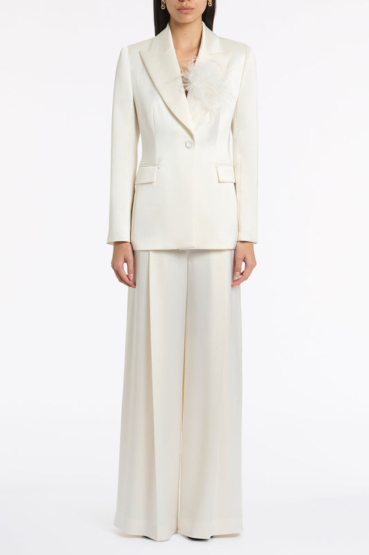 Image of Coats & Jackets. Product name - Ivory Satin Acetate Tie Waist Blazer in Ivory colour by brand - Carla Zampatti