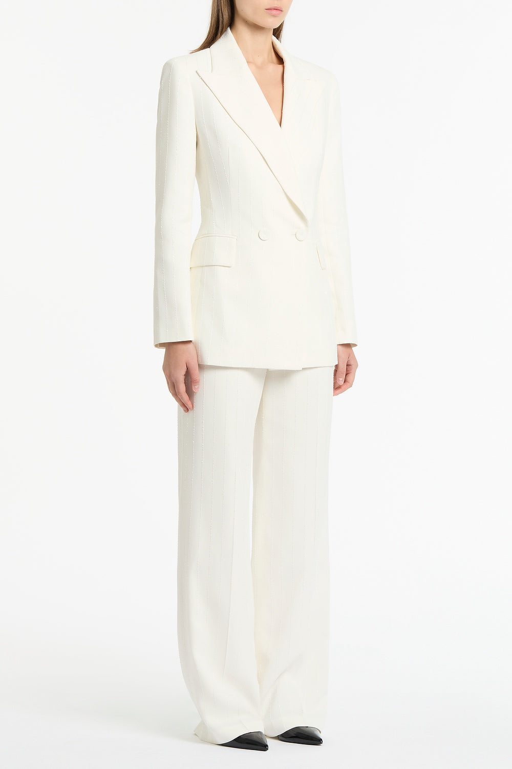 Carla Zampatti Ivory Starlight Twill Double Breasted Blazer (White)