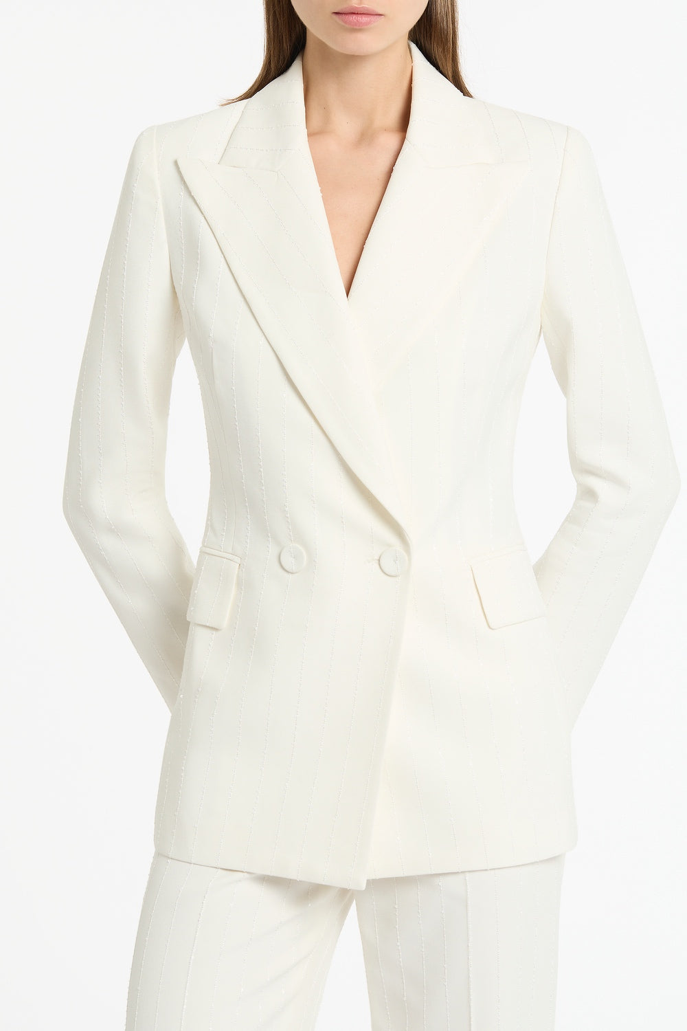 Carla Zampatti Ivory Starlight Twill Double Breasted Blazer (White)