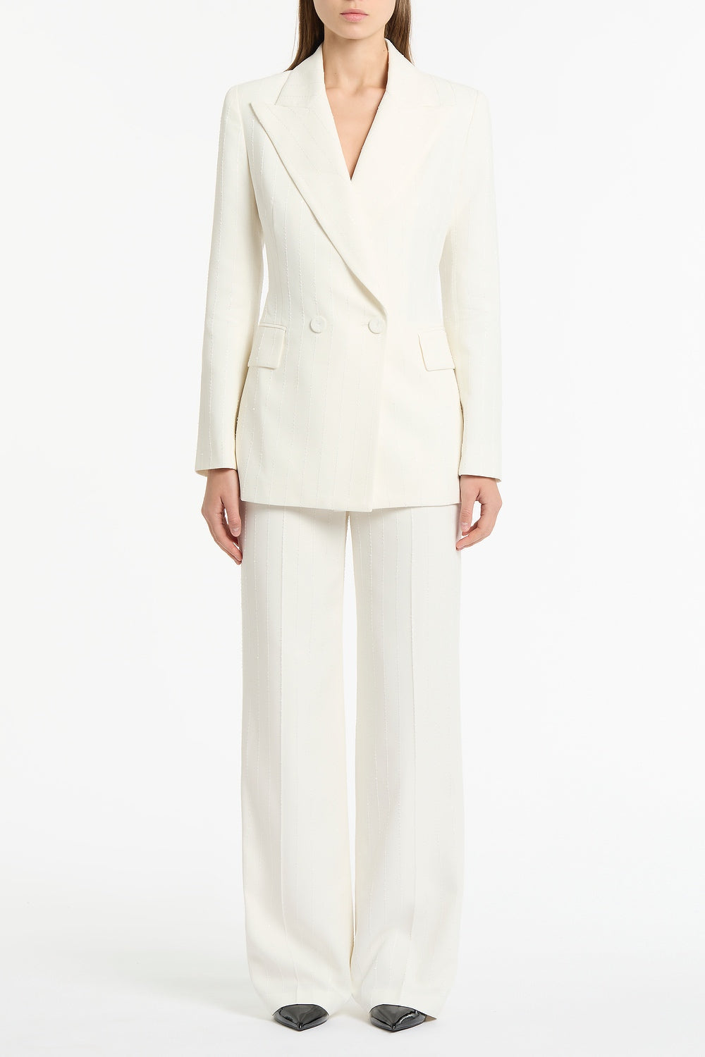 Image of Coats & Jackets. Product name - Ivory Starlight Twill Double Breasted Blazer in White colour by brand - Carla Zampatti