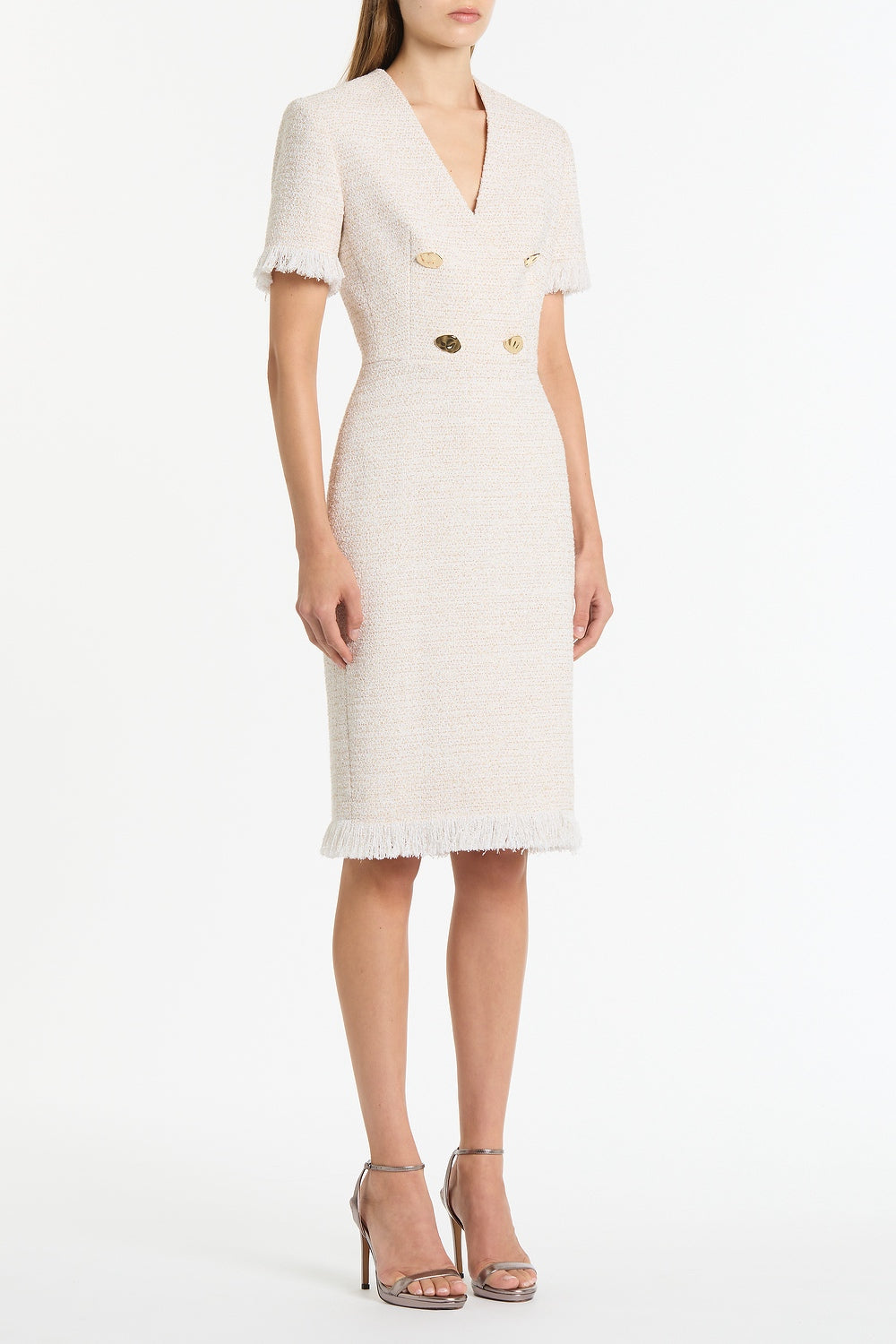 Carla Zampatti Ivory Tweed Fringe Midi Dress (White)