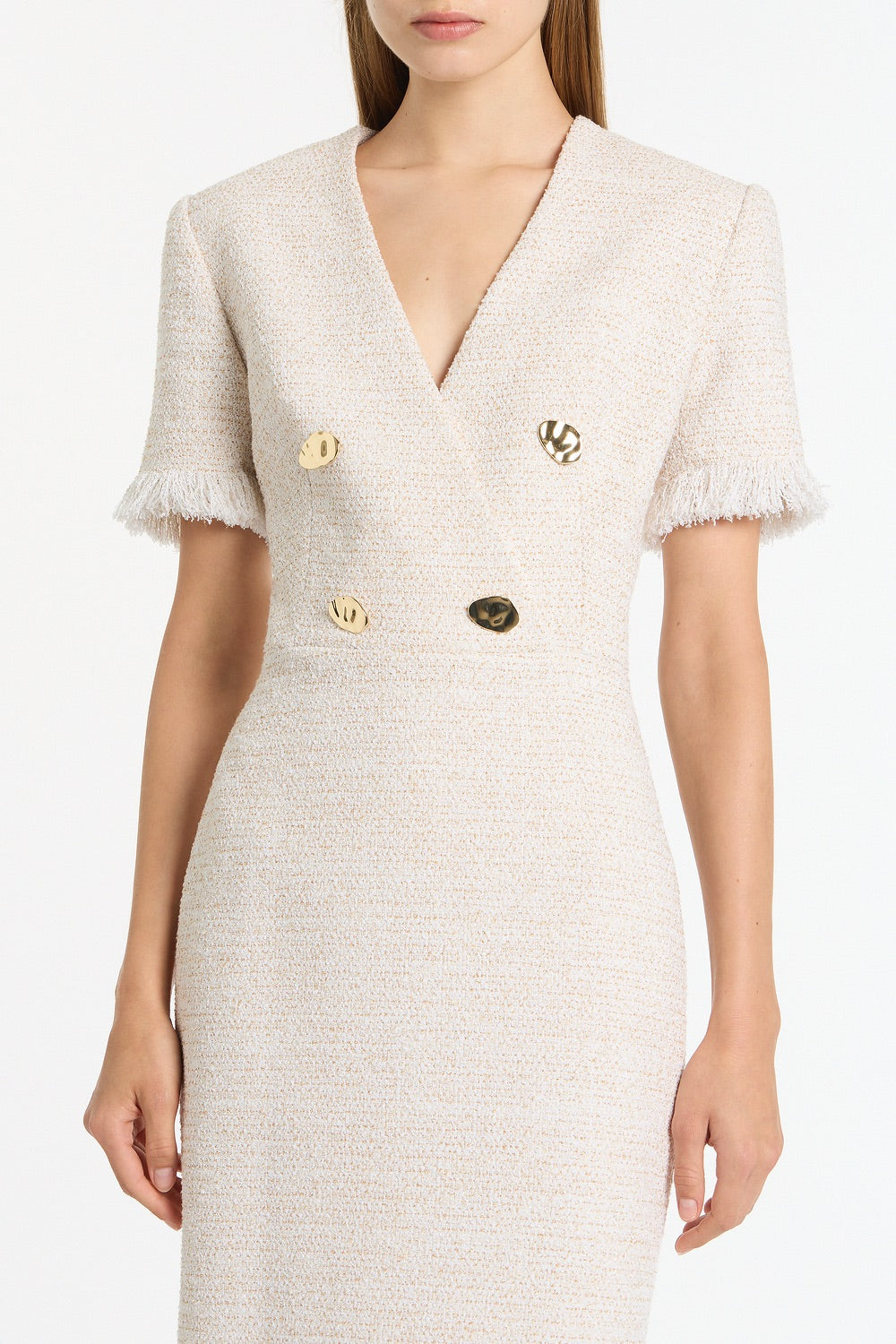 Carla Zampatti Ivory Tweed Fringe Midi Dress (White)