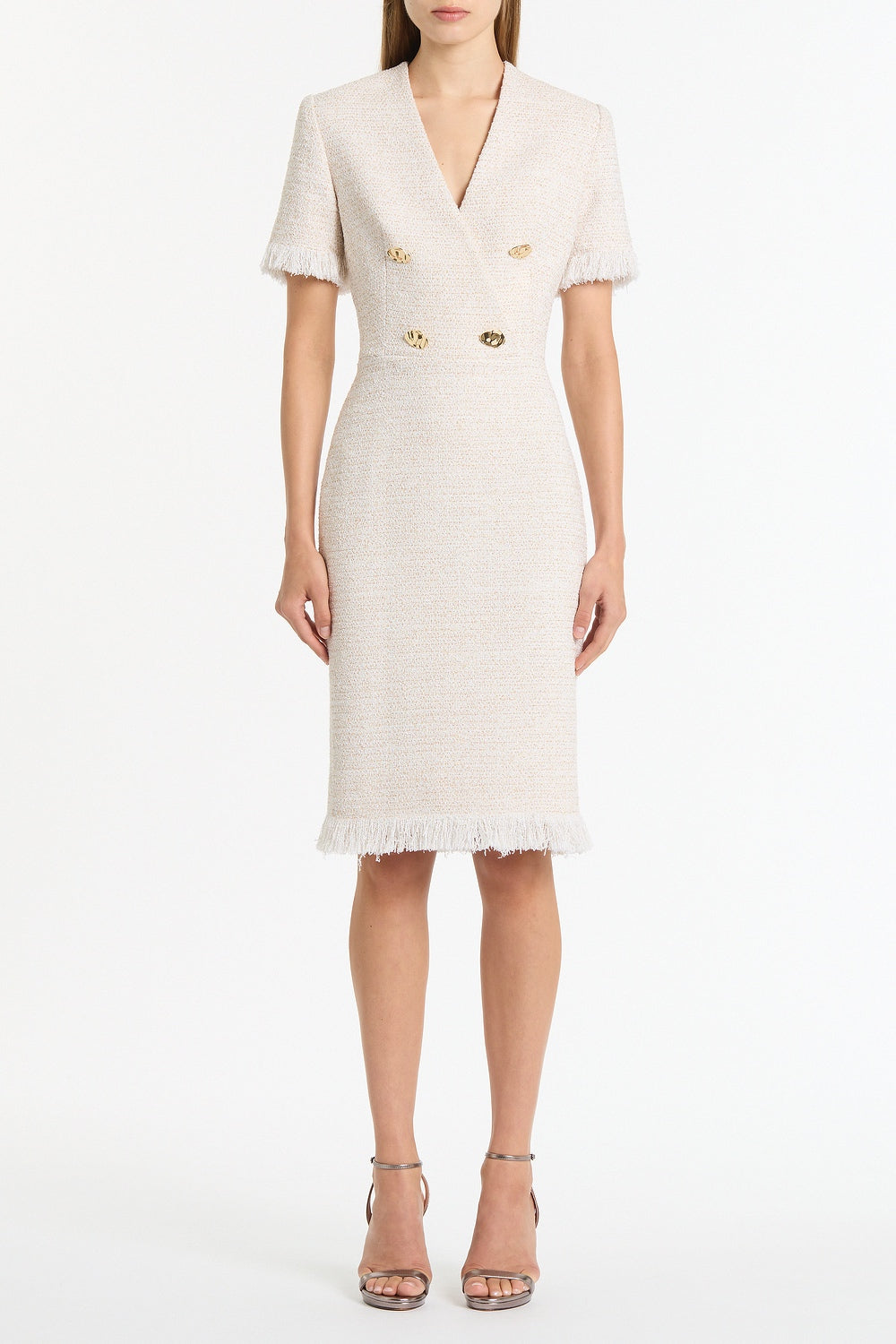 Image of Dresses. Product name - Ivory Tweed Fringe Midi Dress in White colour by brand - Carla Zampatti