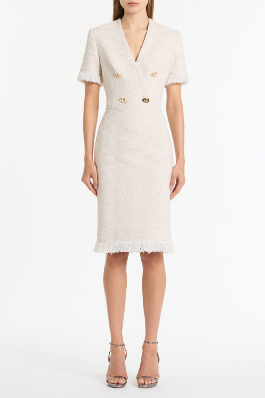 Image of Dresses. Product name - Ivory Tweed Fringe Midi Dress in White colour by brand - Carla Zampatti