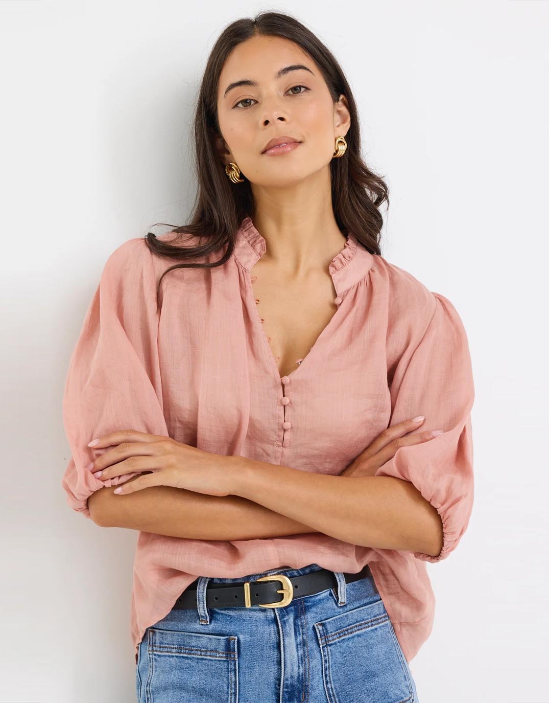 Ivy & Jack Closure High Neck Buttoned Top (Blush)
