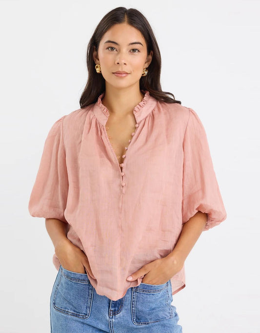 Image of a model wearing Tops. Productname: Closure High Neck Buttoned Top - in Blush colour by brand - Ivy & Jack