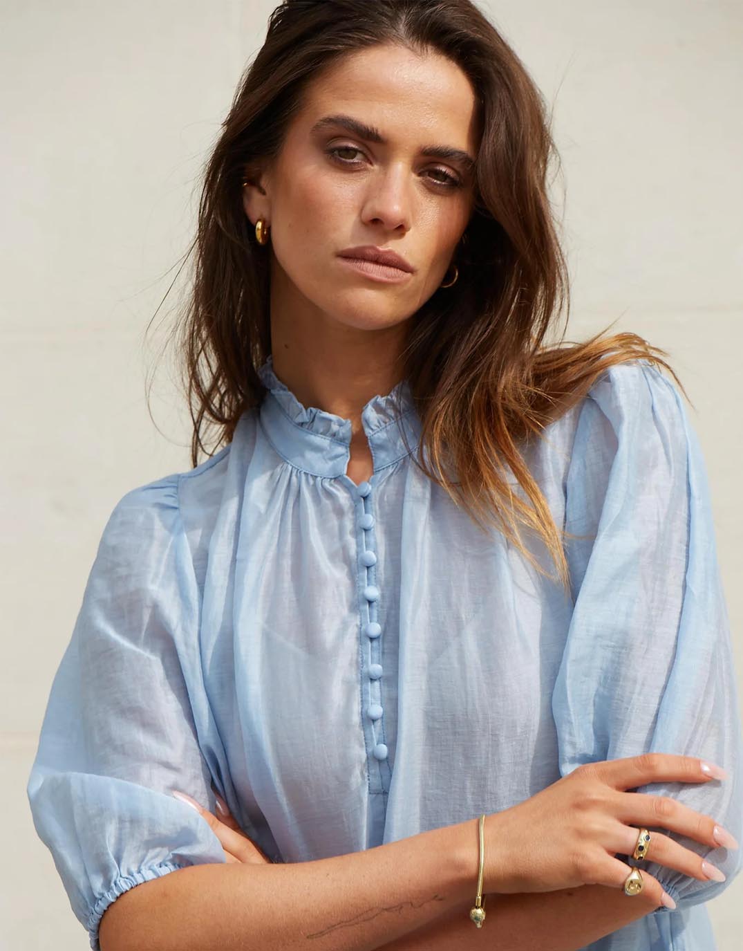 Ivy & Jack Closure Sheer High Neck Buttoned Top (Pale Blue)