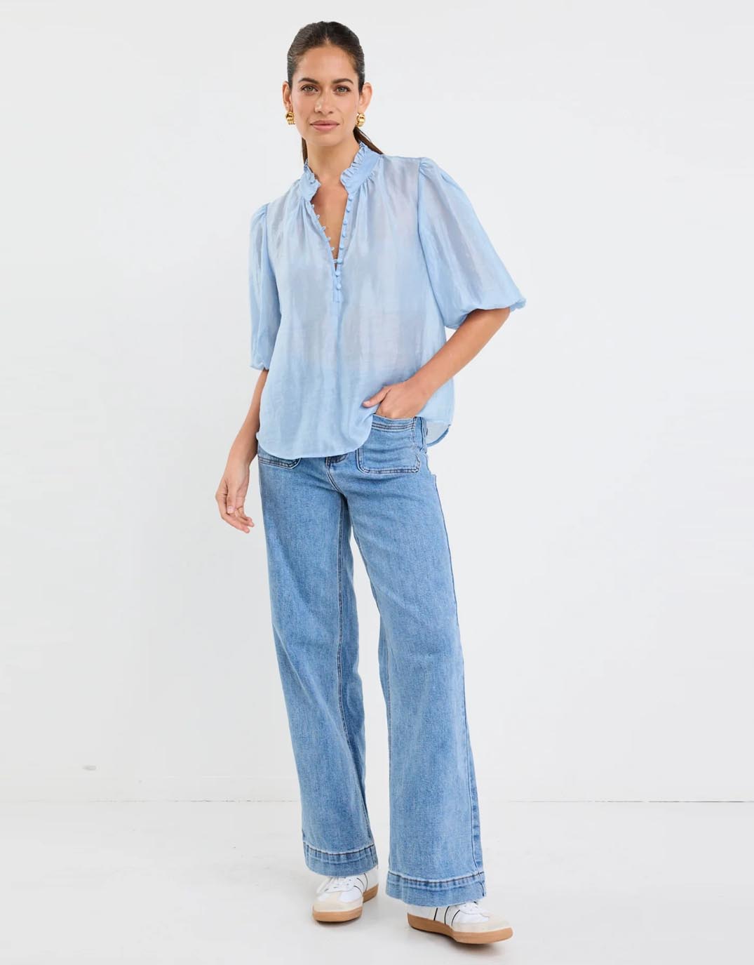 Ivy & Jack Closure Sheer High Neck Buttoned Top (Pale Blue)