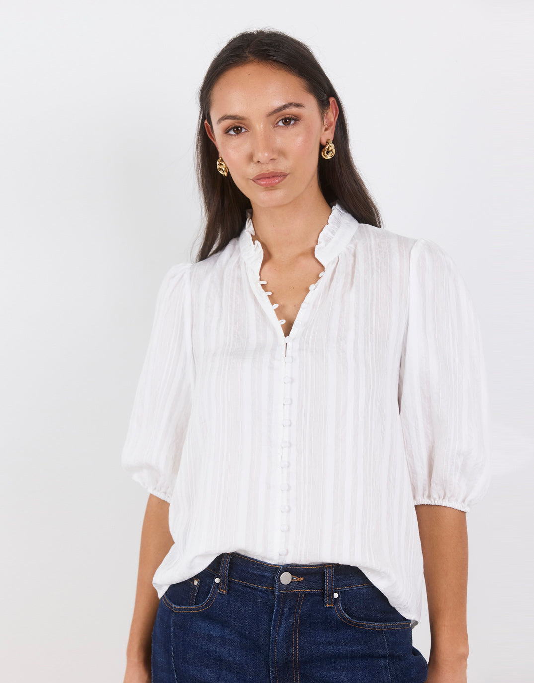 Ivy & Jack Continuance Self Stripe Button Through Mid Sleeve Top (Ivory)