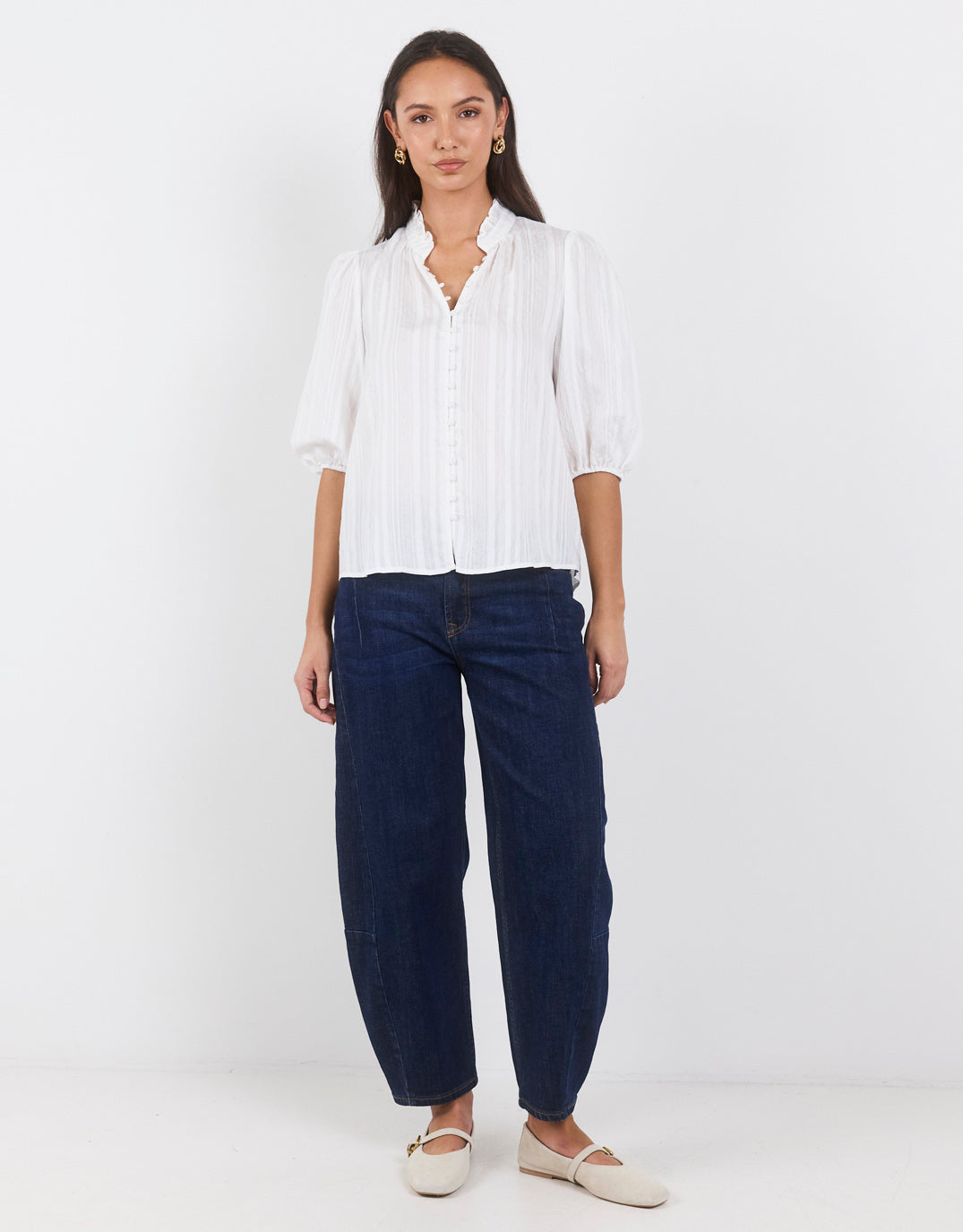 Ivy & Jack Continuance Self Stripe Button Through Mid Sleeve Top (Ivory)