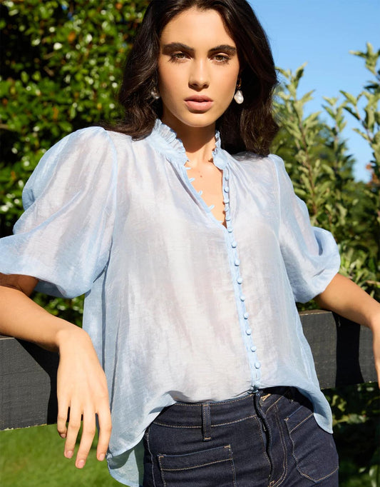 Image of a model wearing Tops. Productname: Continuance Short Sleeve Top - in Pale Blue colour by brand - Ivy & Jack