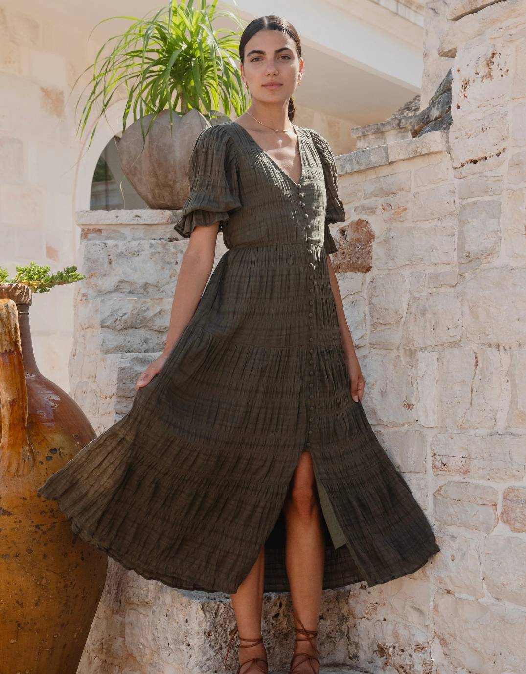 Image of Dresses. Productname: Dreamy Tiered Maxi Dress - in Khaki colour by brand - Ivy & Jack