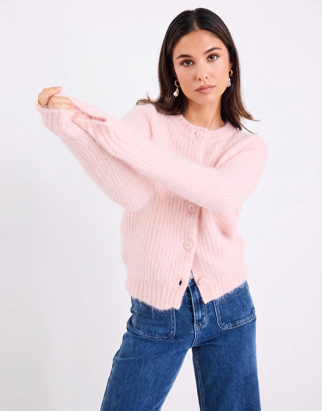 Ivy & Jack Highlight Mohair Blend Crewneck Cardigan (Pink)