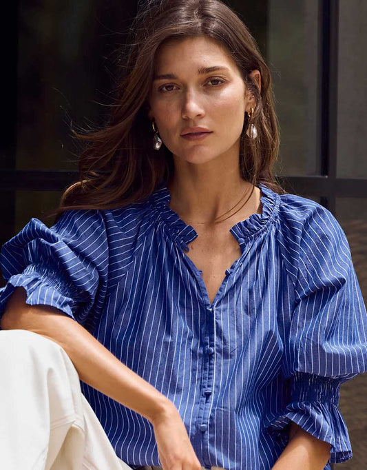 Image of a model wearing Tops. Productname: Noetic Short Sleeve Blouse - in Dark Blue Stripe colour by brand - Ivy & Jack