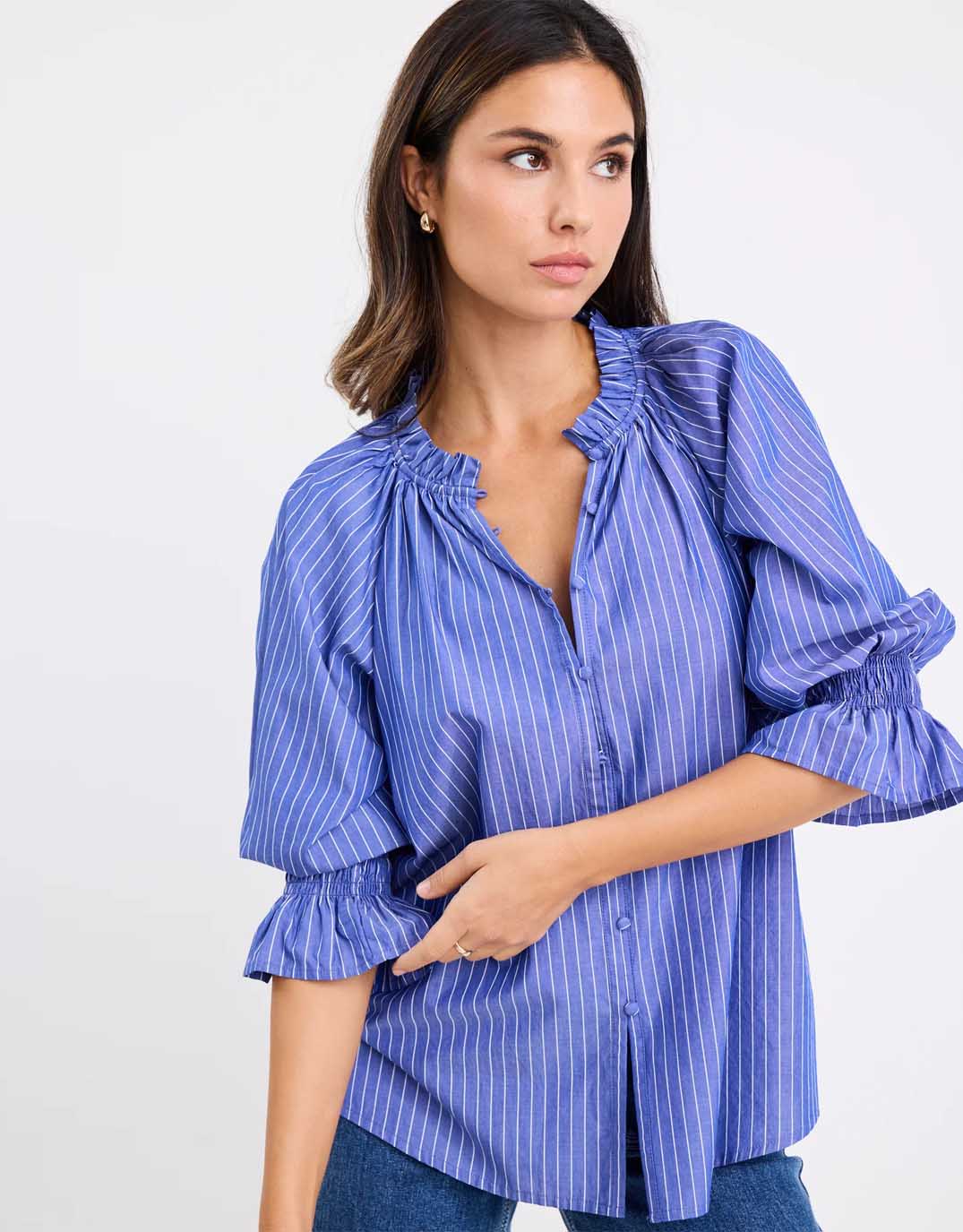 Ivy & Jack Noetic Short Sleeve Blouse (Dark Blue Stripe)