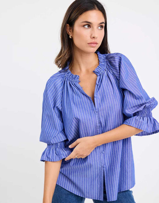 Noetic Short Sleeve Blouse - (Dark Blue Stripe)