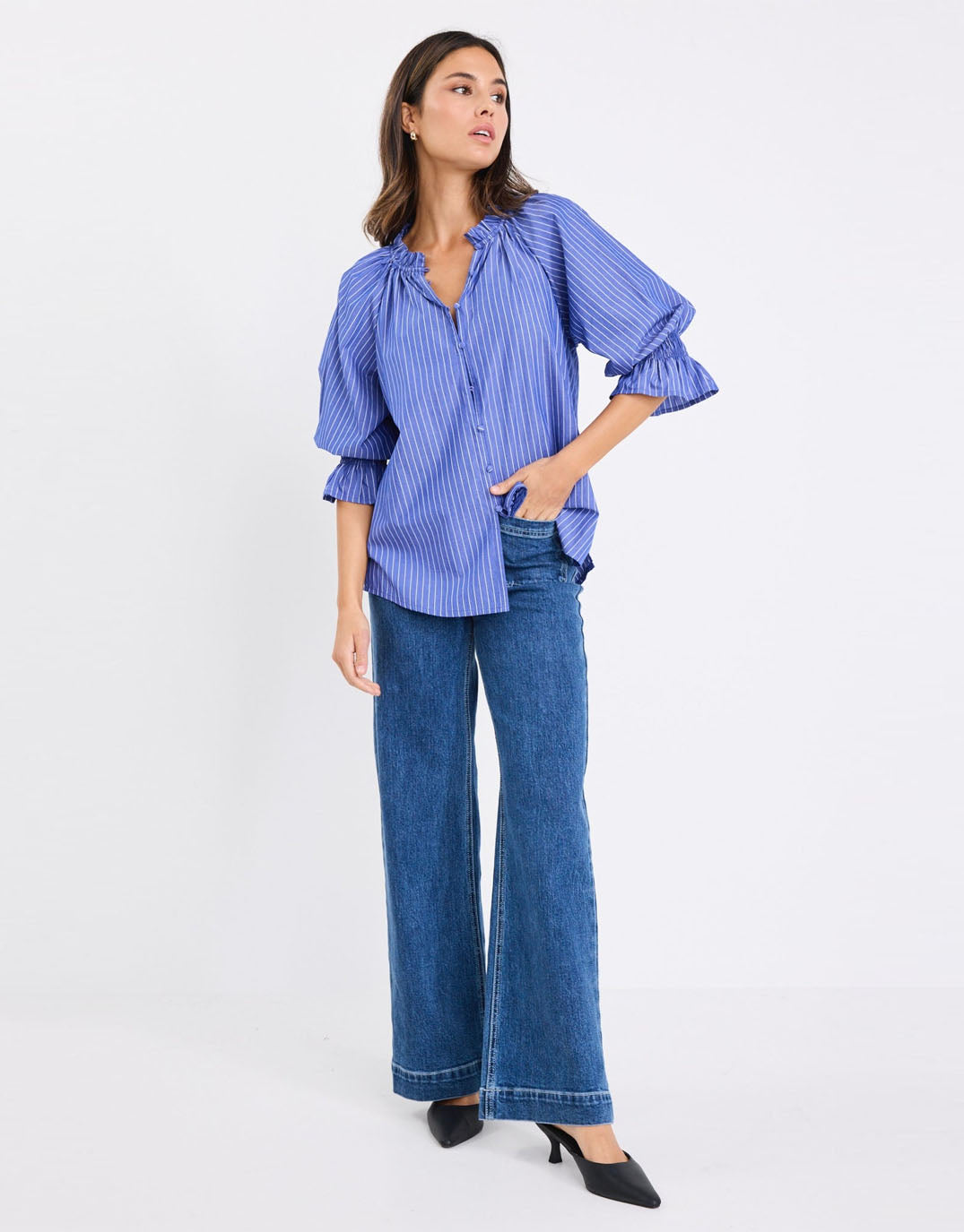 Ivy & Jack Noetic Short Sleeve Blouse (Dark Blue Stripe)