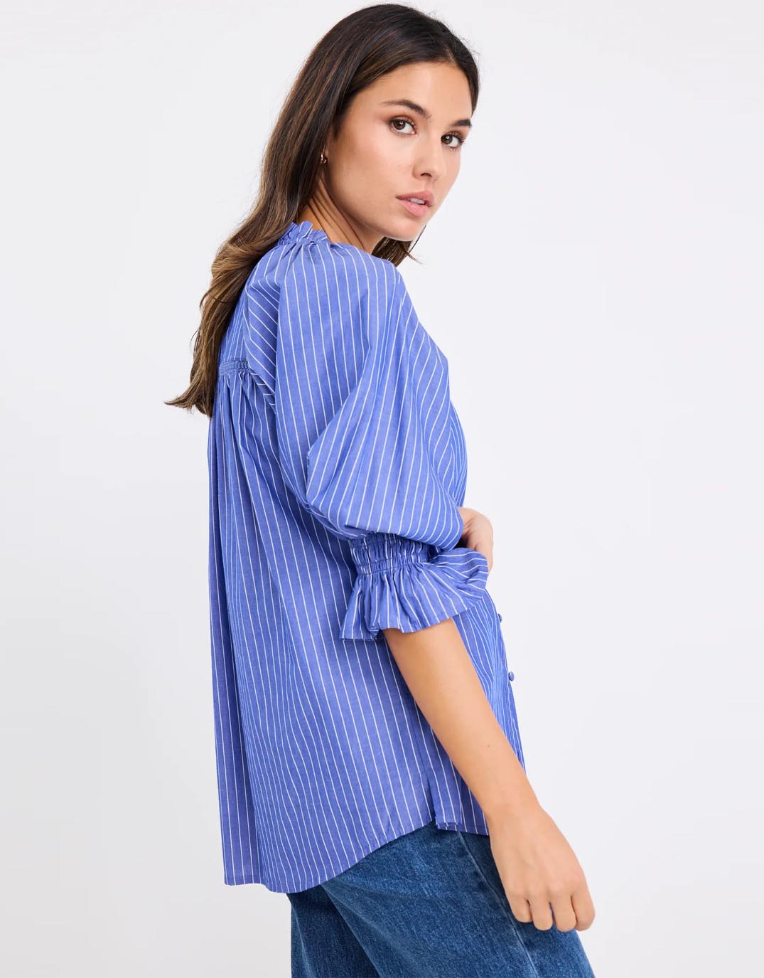 Ivy & Jack Noetic Short Sleeve Blouse (Dark Blue Stripe)