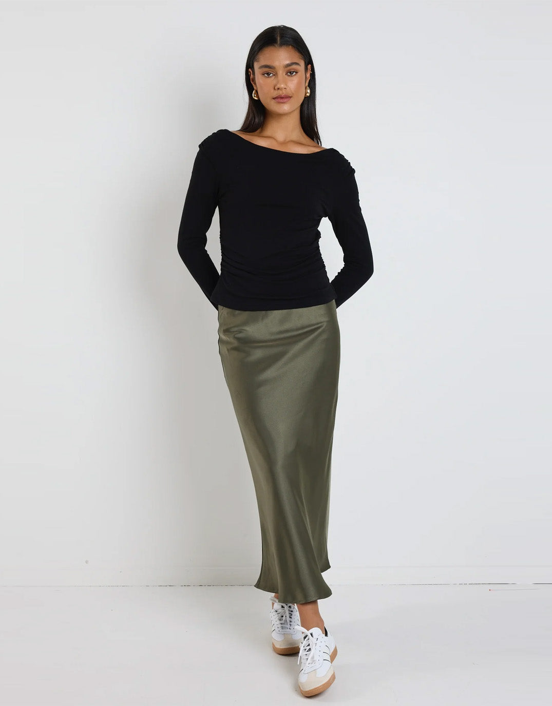 Ivy & Jack Rosette Satin Bias Midi Skirt (Khaki)