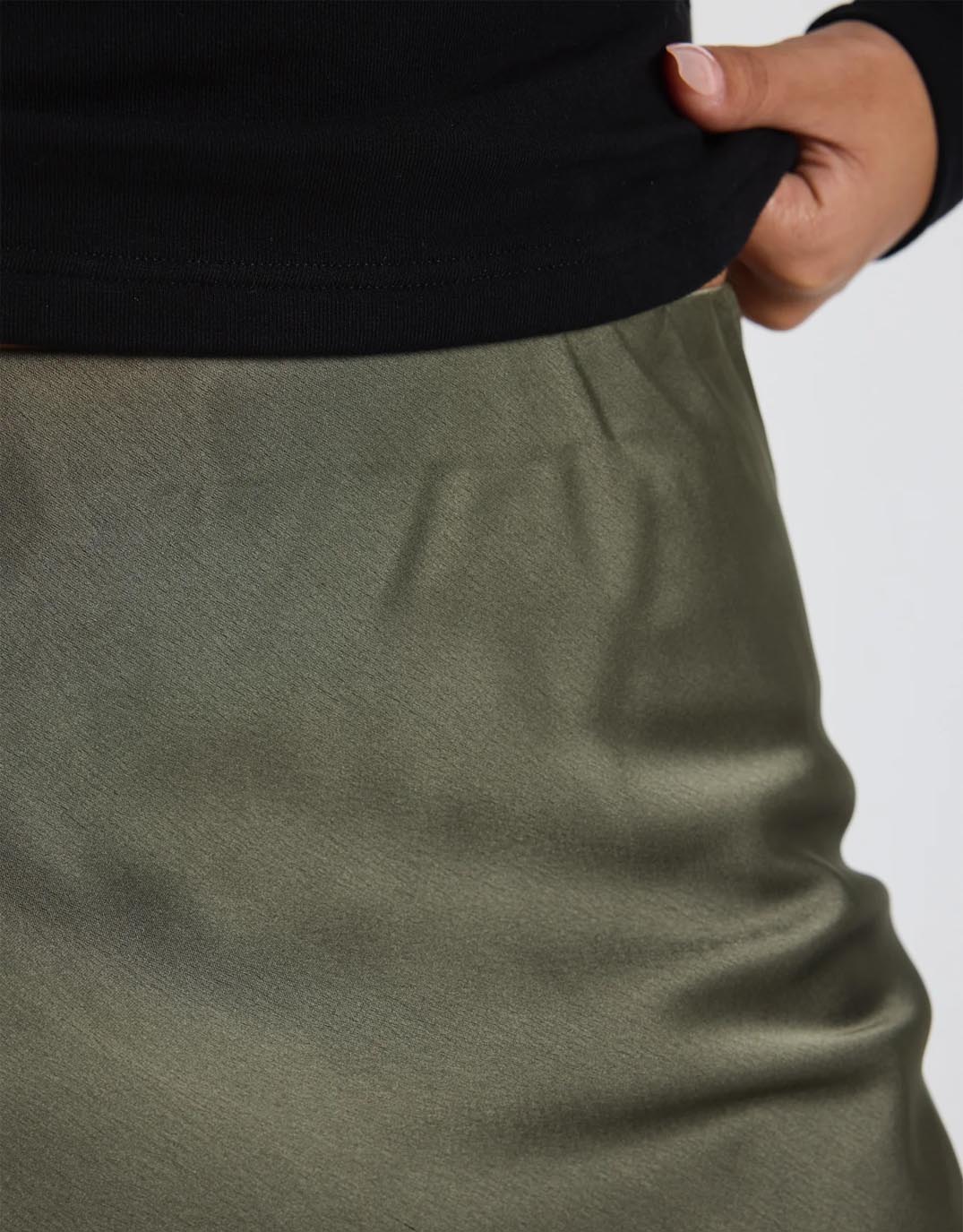 Ivy & Jack Rosette Satin Bias Midi Skirt (Khaki)
