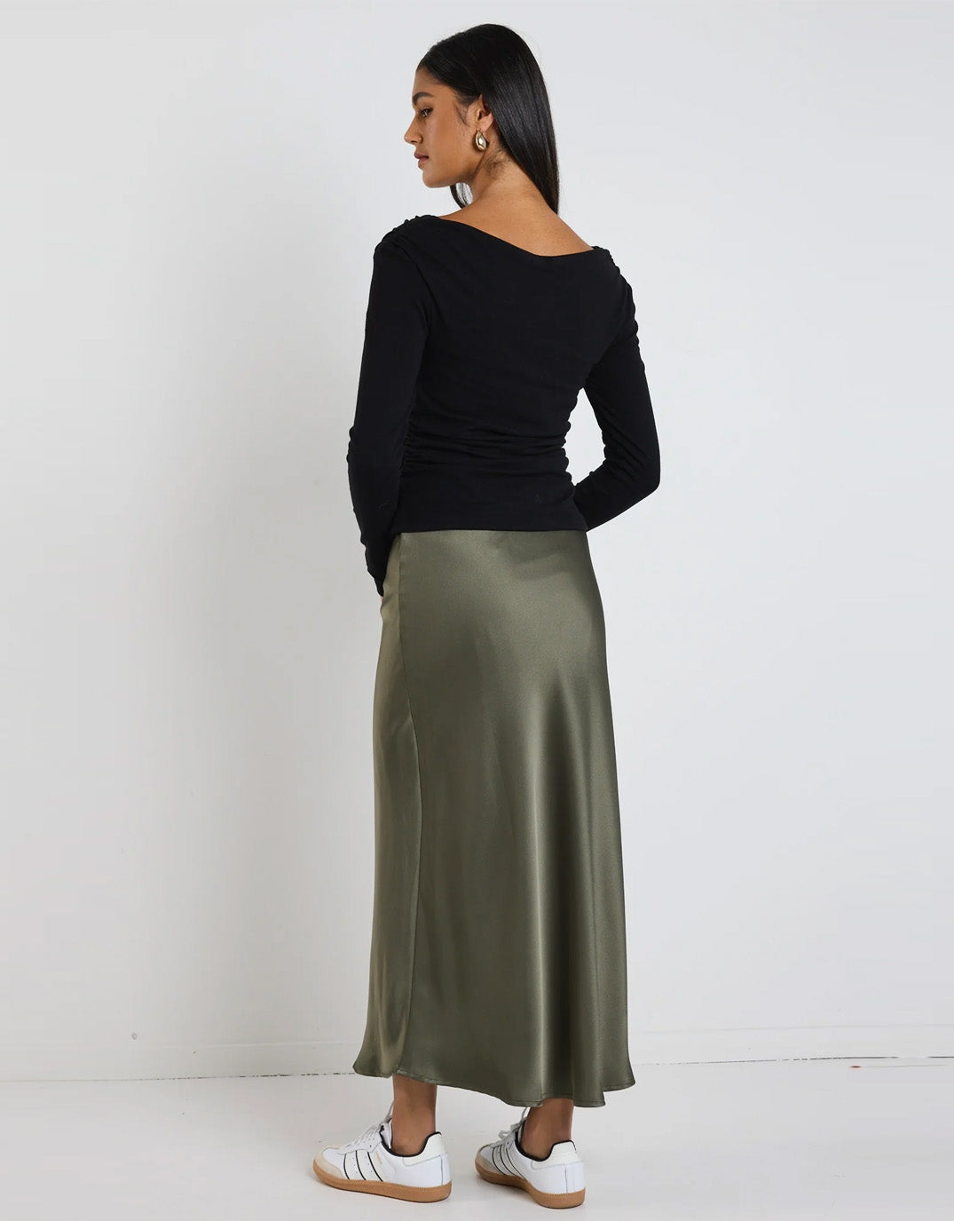 Ivy & Jack Rosette Satin Bias Midi Skirt (Khaki)