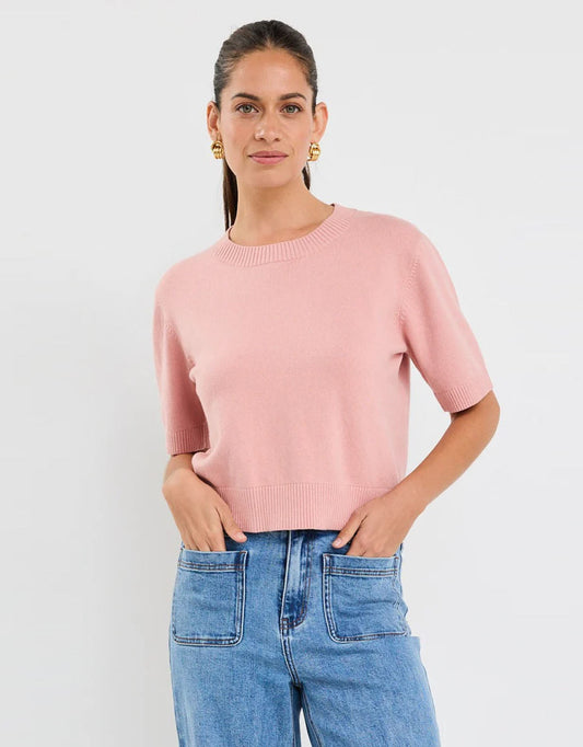 Image of a model wearing Outerwear. Product name - Topic Cashmere Blend Soft Knit Tee Blush in Blush colour by brand - Ivy & Jack
