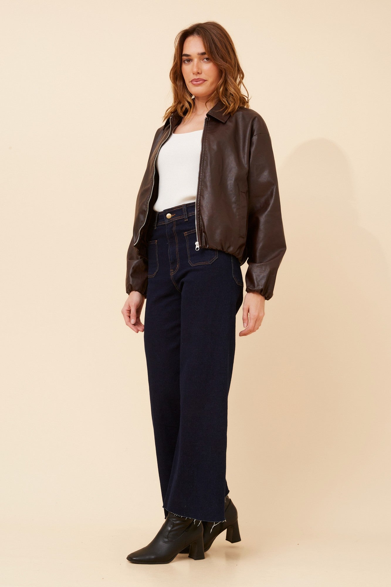Image of Coats & Jackets. Product name - COLLETA SOLID VEGAN LEATHER JACKET in Chocolate colour by brand - Caroline Morgan Australia
