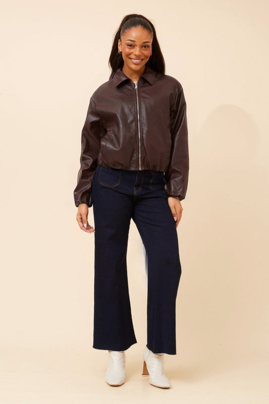COLLETA SOLID VEGAN LEATHER JACKET (Chocolate)