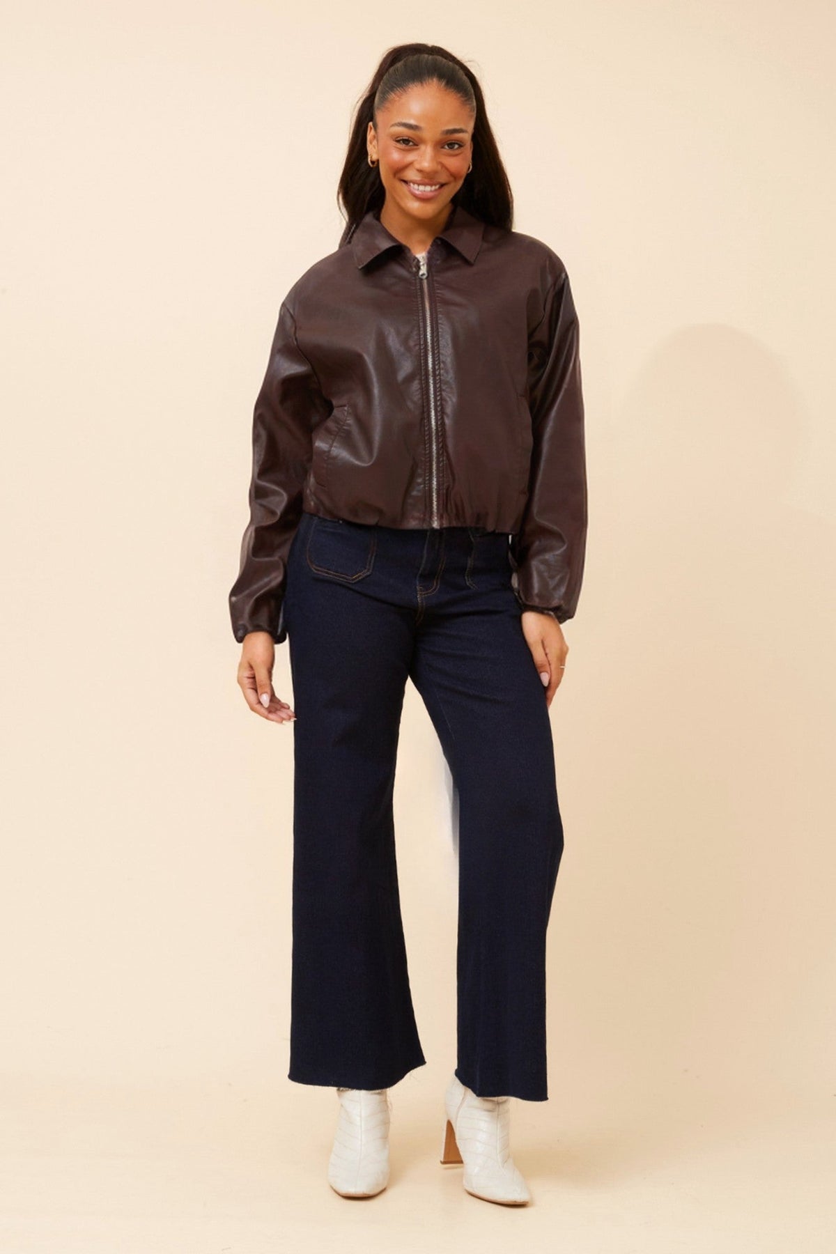 COLLETA SOLID VEGAN LEATHER JACKET (Chocolate)
