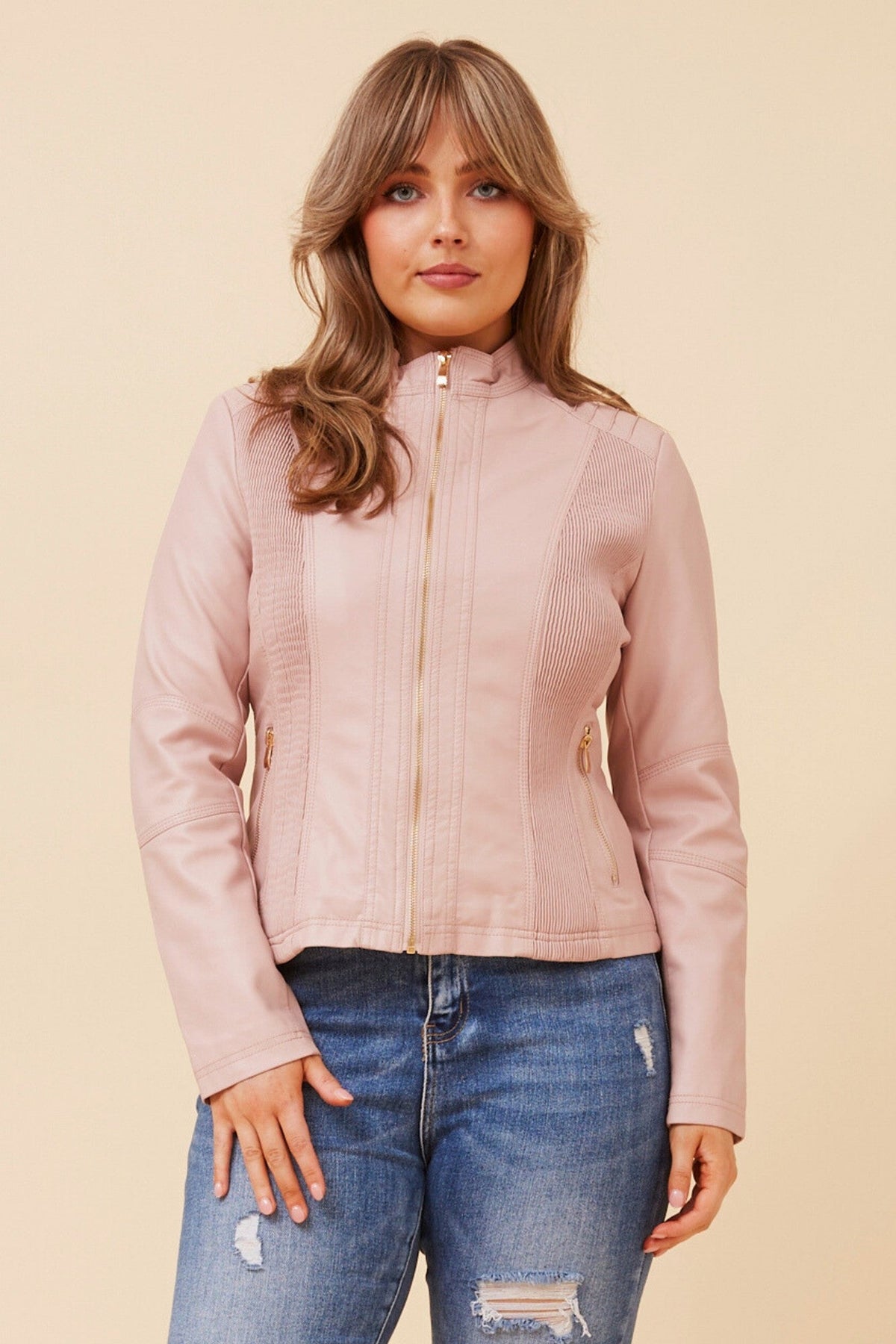 Image of Coats & Jackets. Product name - BECKY VEGAN LEATHER BIKER JACKET in Dusty Pink colour by brand - Caroline Morgan Australia