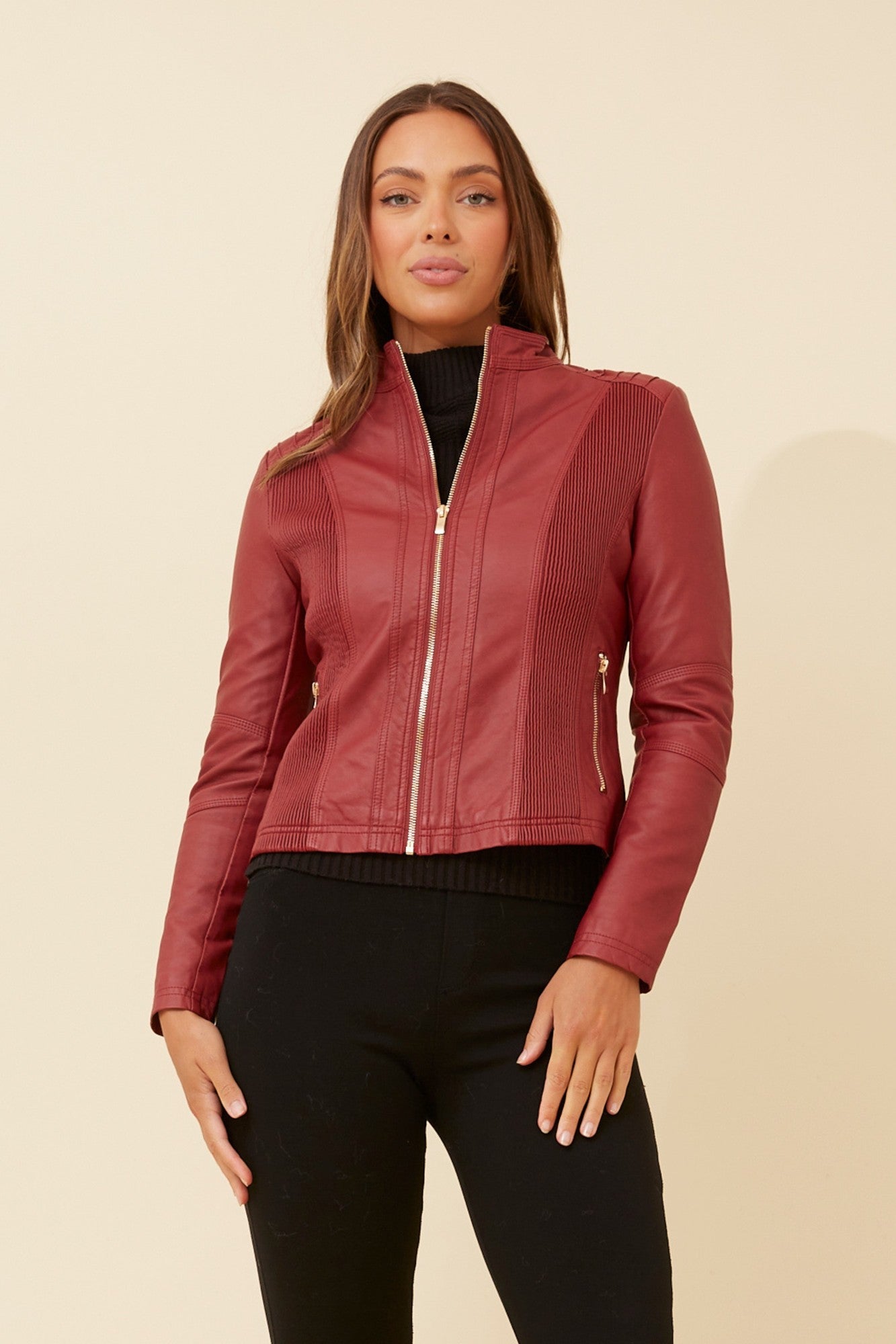 BECKY VEGAN LEATHER BIKER JACKET (Tan)