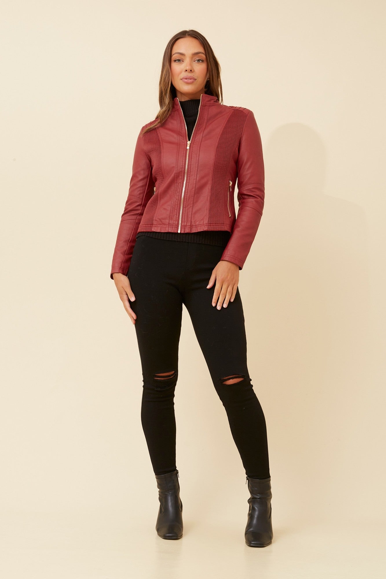 BECKY VEGAN LEATHER BIKER JACKET (Tan)