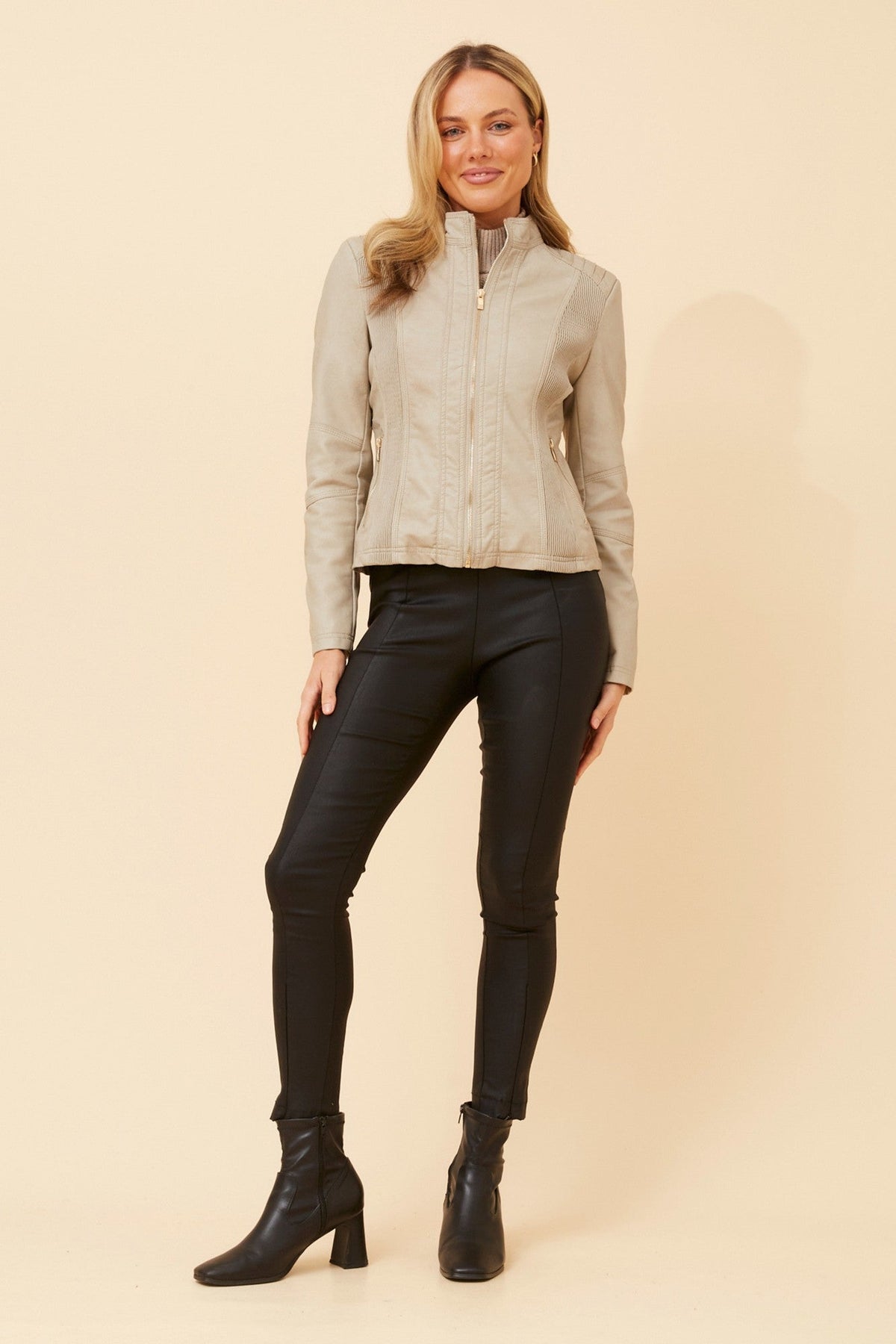 Image of Coats & Jackets. Product name - BECKY VEGAN LEATHER BIKER JACKET in Stone colour by brand - Caroline Morgan Australia