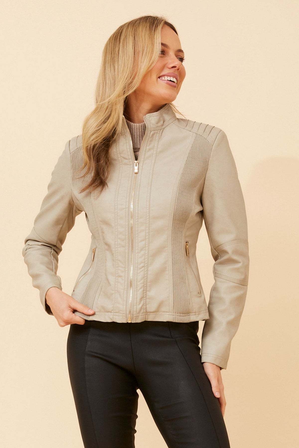 Caroline Morgan Australia BECKY VEGAN LEATHER BIKER JACKET (Stone)