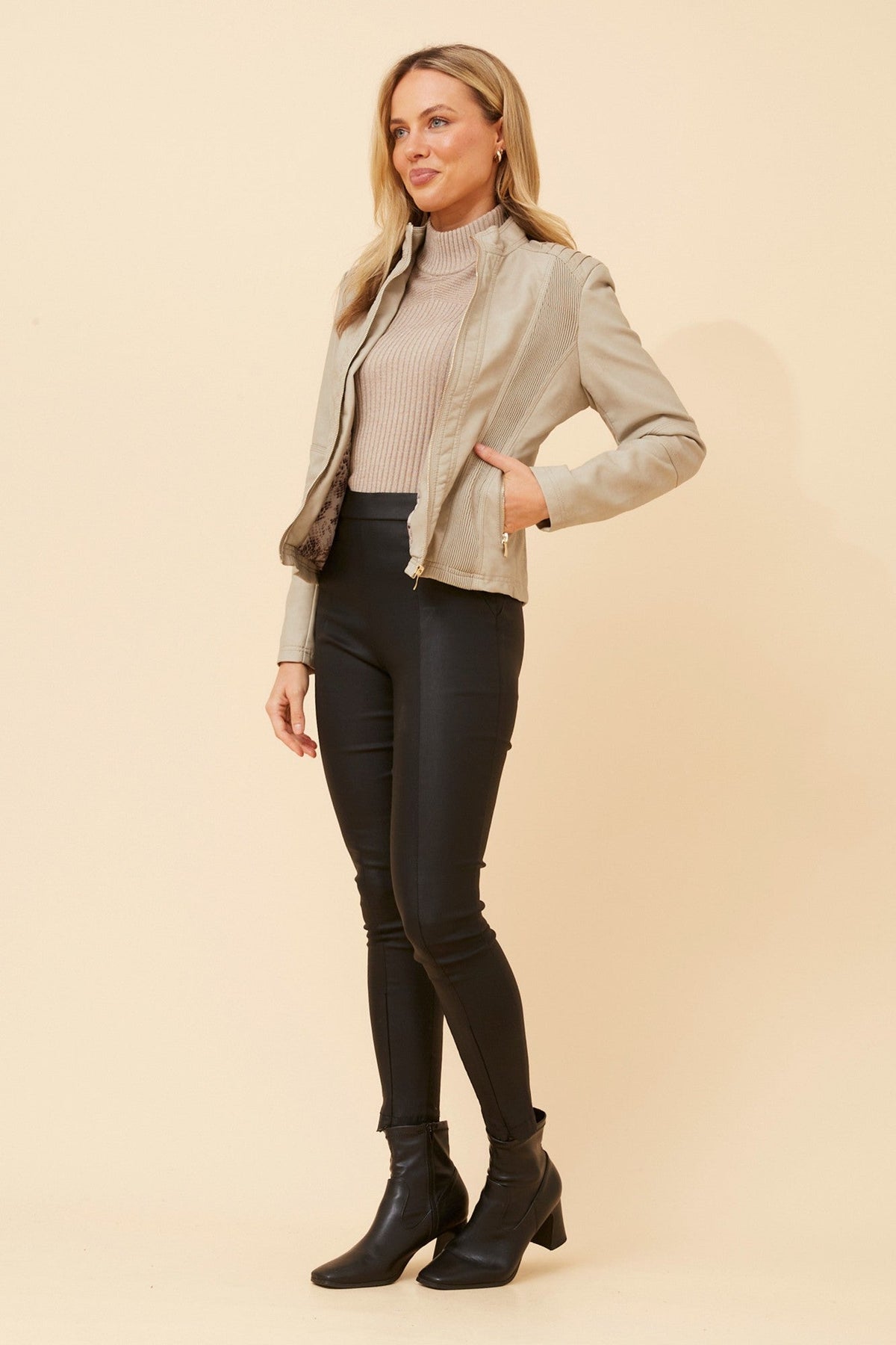 Caroline Morgan Australia BECKY VEGAN LEATHER BIKER JACKET (Stone)