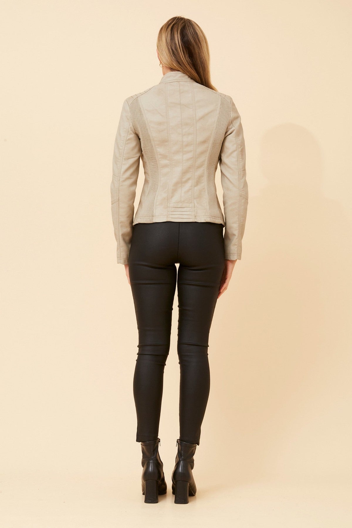Caroline Morgan Australia BECKY VEGAN LEATHER BIKER JACKET (Stone)