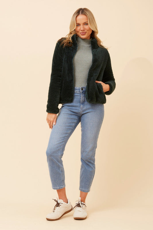 Image of Coats & Jackets. Product name - LYN TEDDY FUR JACKET in Artichoke colour by brand - Caroline Morgan Australia