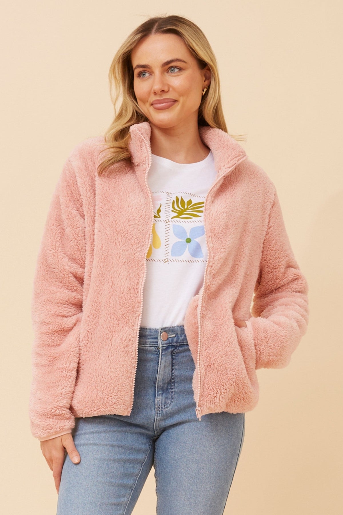 Image of Coats & Jackets. Product name - LYN TEDDY FUR JACKET in Blush colour by brand - Caroline Morgan Australia