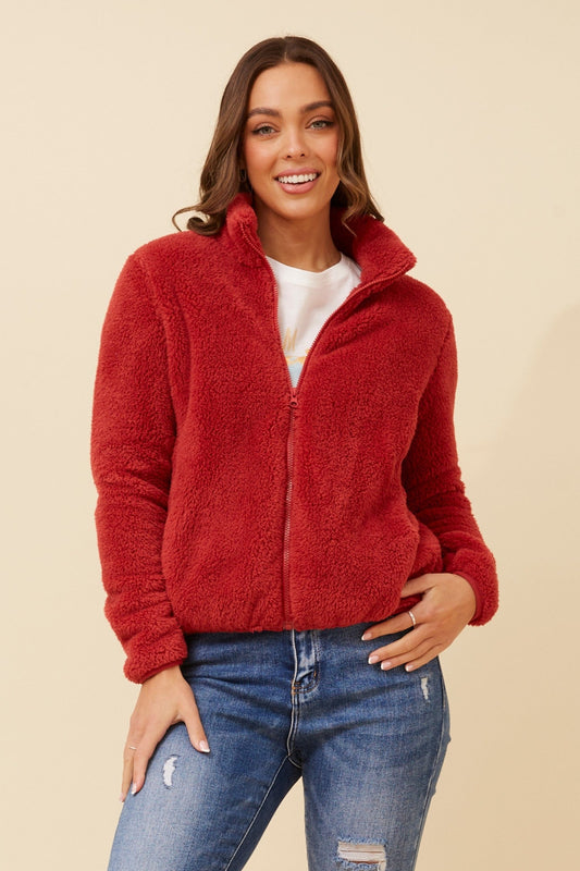 Image of Coats & Jackets. Product name - LYN TEDDY FUR JACKET in Cherrywood colour by brand - Caroline Morgan Australia