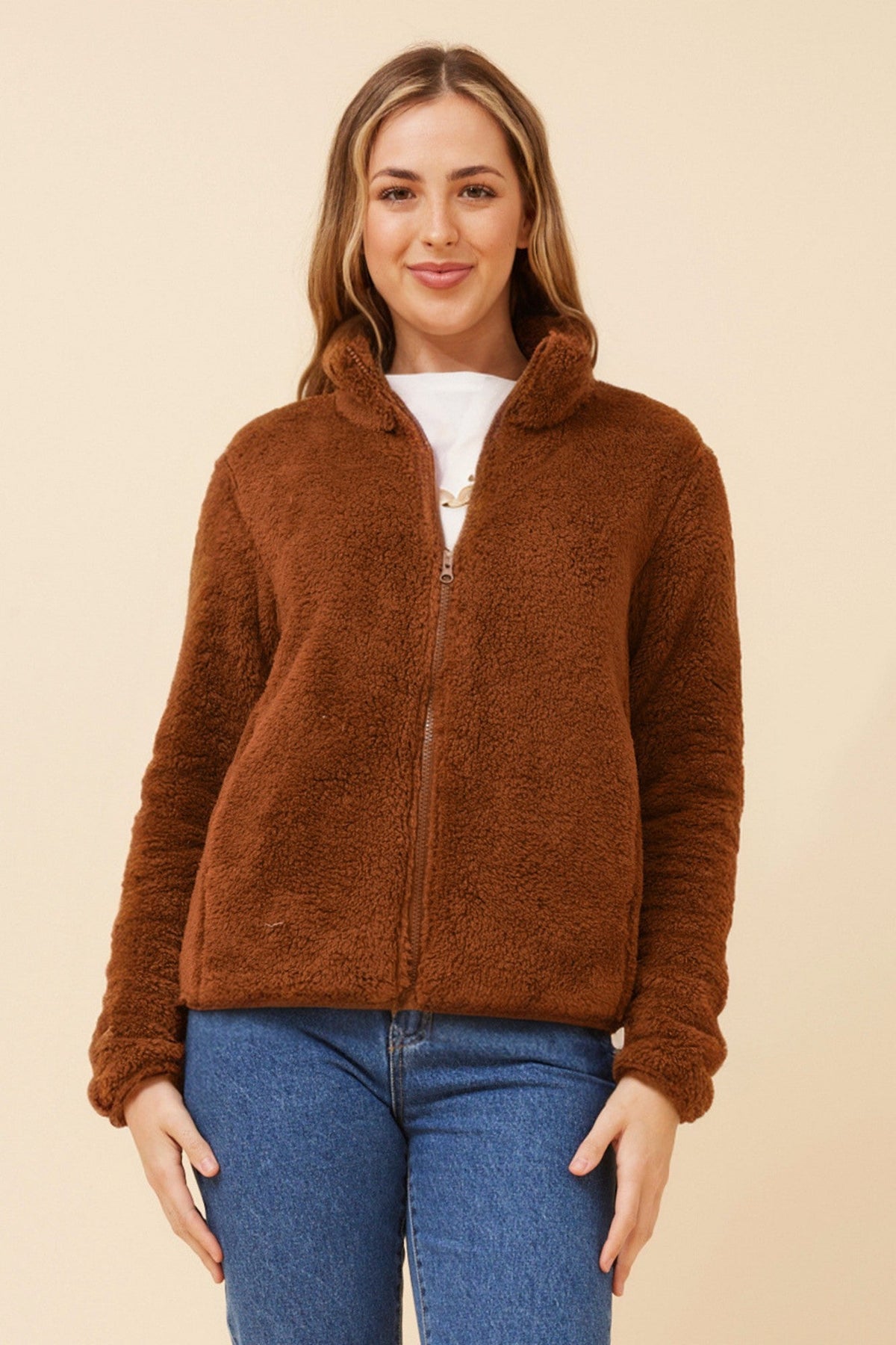 Image of Coats & Jackets. Product name - LYN TEDDY FUR JACKET in Cinnamon colour by brand - Caroline Morgan Australia
