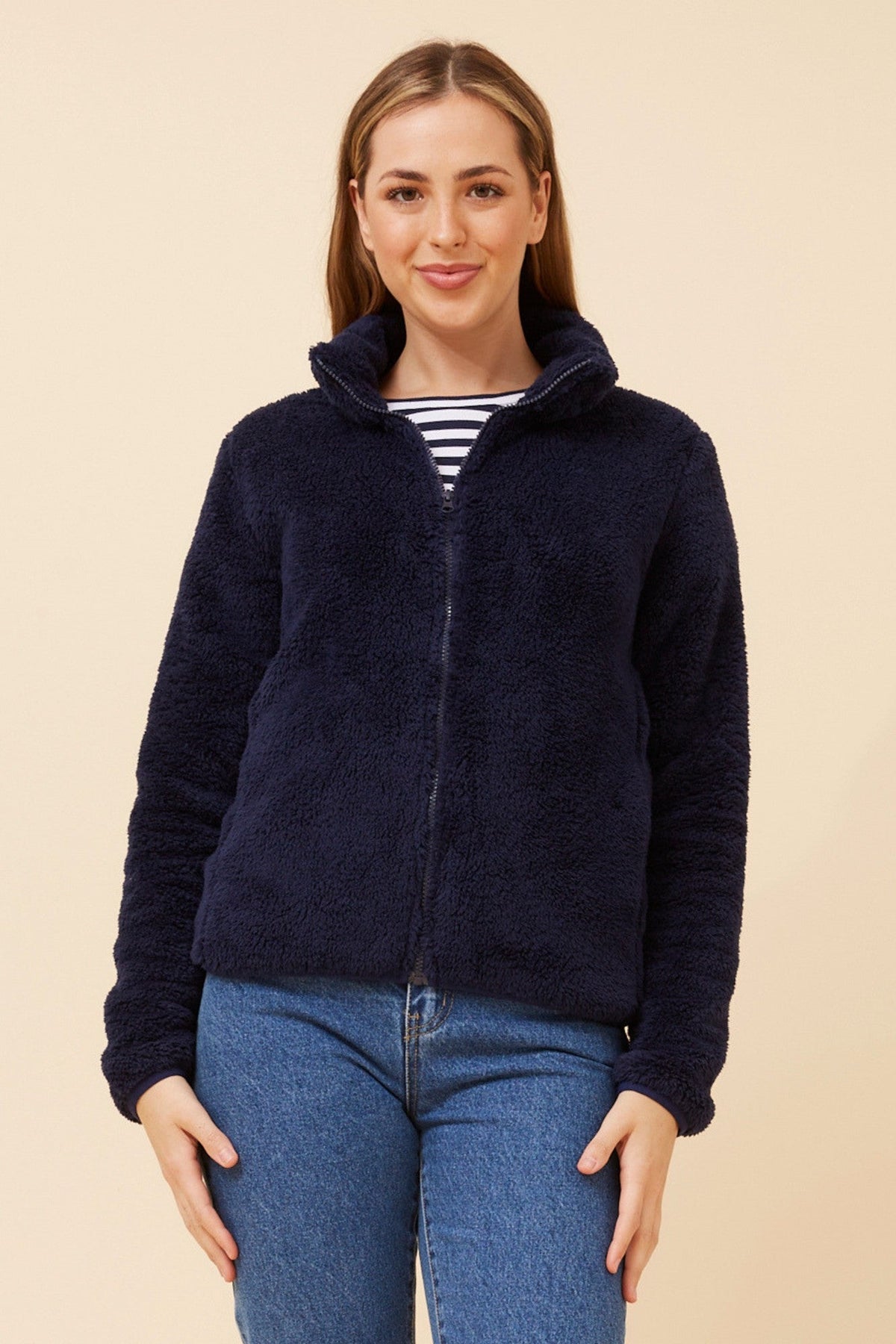 Image of Coats & Jackets. Product name - LYN TEDDY FUR JACKET in Navy colour by brand - Caroline Morgan Australia