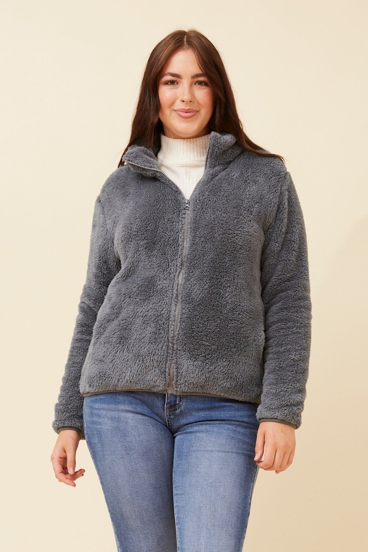 Image of Coats & Jackets. Product name - LYN TEDDY FUR JACKET in Pewter colour by brand - Caroline Morgan Australia