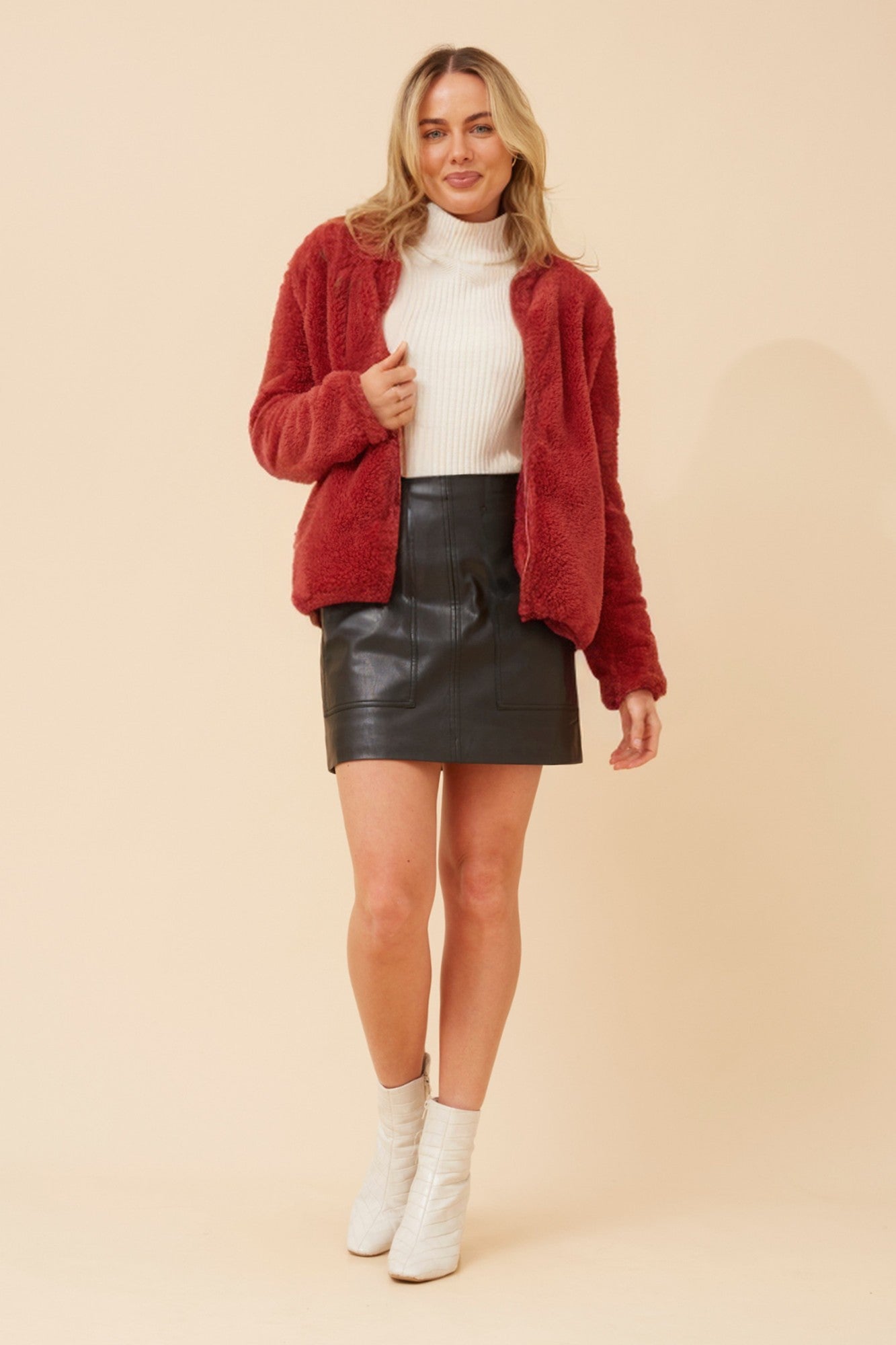 Image of Coats & Jackets. Product name - LYN FAUX FUR JACKET (PLUS) in Beige colour by brand - Caroline Morgan Australia