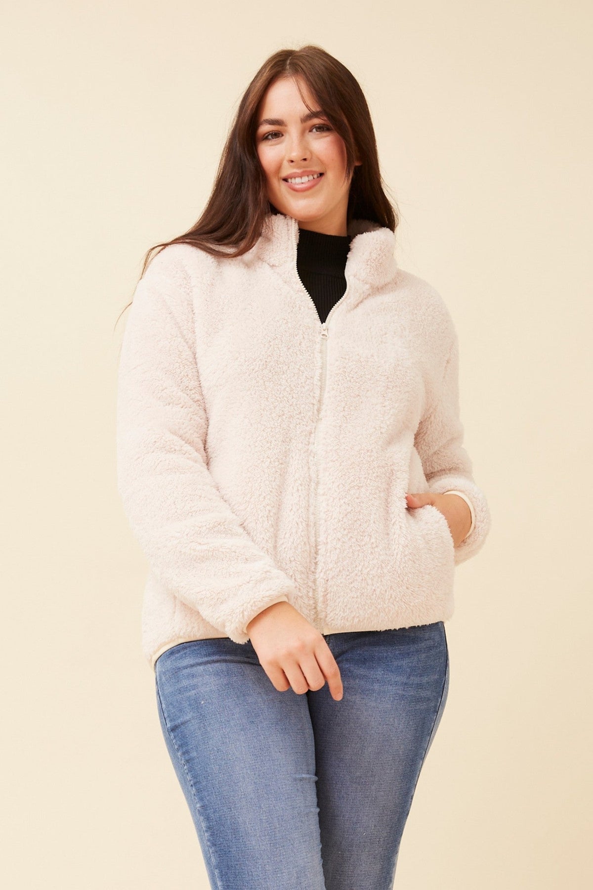 Image of Coats & Jackets. Product name - LYN FAUX FUR JACKET (PLUS) in Ivory colour by brand - Caroline Morgan Australia