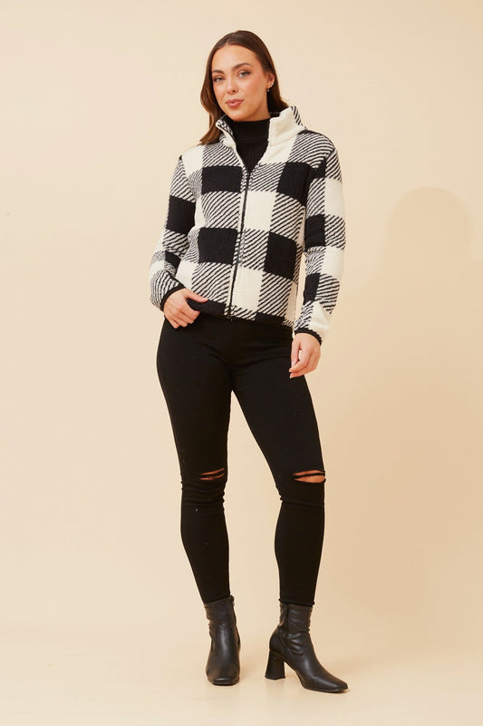 Image of Coats & Jackets. Product name - LYN CHECK TEDDY JACKET in Black And White colour by brand - Caroline Morgan Australia