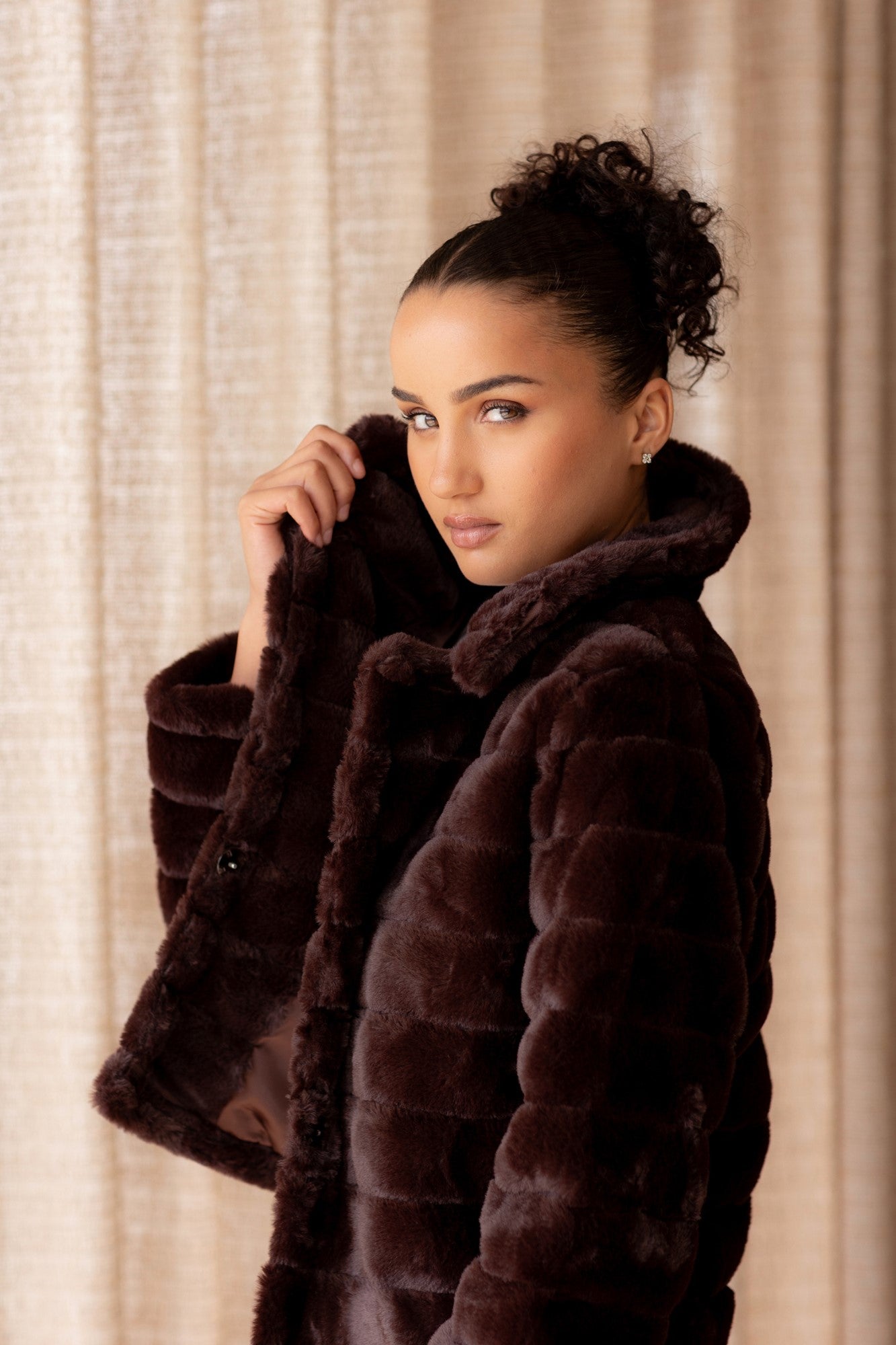 Image of Coats & Jackets. Product name - MOSCOW FAUX FUR JACKET in Beige colour by brand - Caroline Morgan Australia