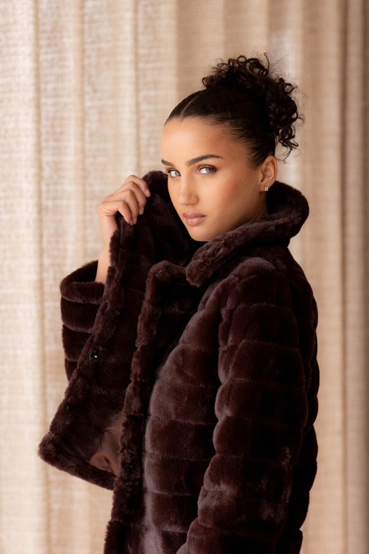 Image of Coats & Jackets. Product name - MOSCOW FAUX FUR JACKET in Beige colour by brand - Caroline Morgan Australia