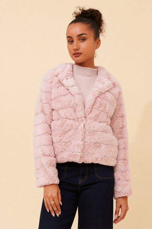 Image of Coats & Jackets. Product name - MOSCOW FAUX FUR JACKET in Blush colour by brand - Caroline Morgan Australia