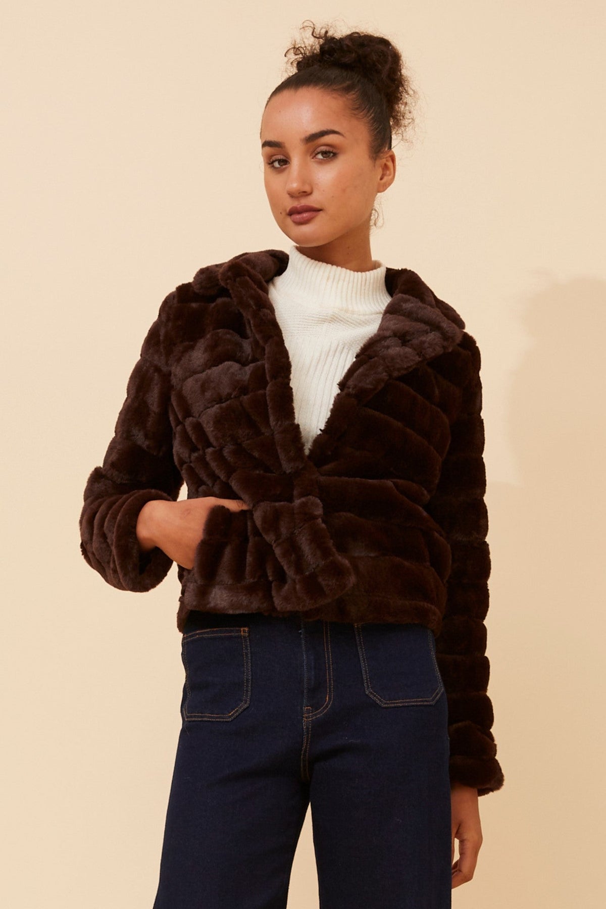 Image of Coats & Jackets. Product name - MOSCOW FAUX FUR JACKET in Chocolate colour by brand - Caroline Morgan Australia